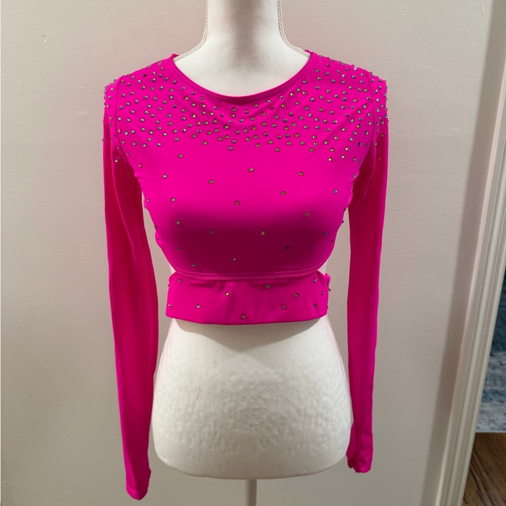 Women's Hot Pink Long Sleeve Studded Crop Top